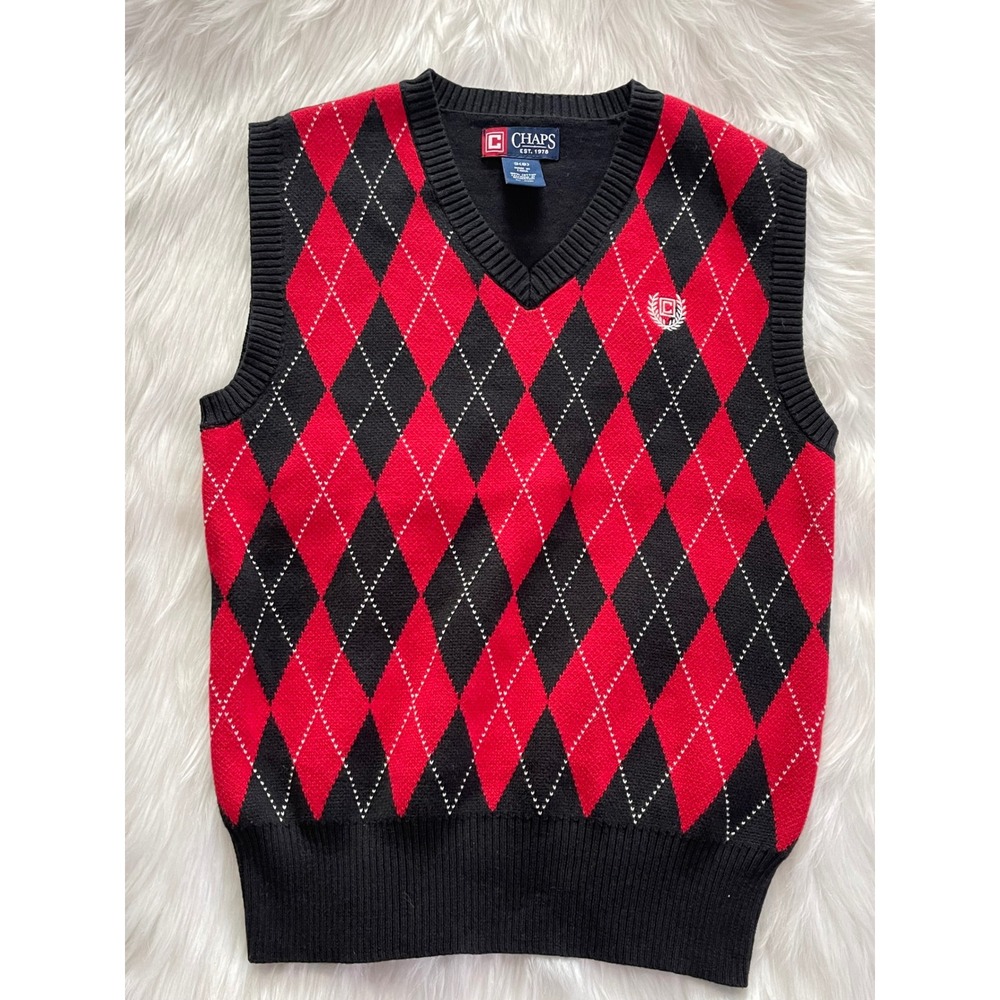 Chaps Boys Plaid Red Black Vest Size S(8) 100% Cotton V Neck Used